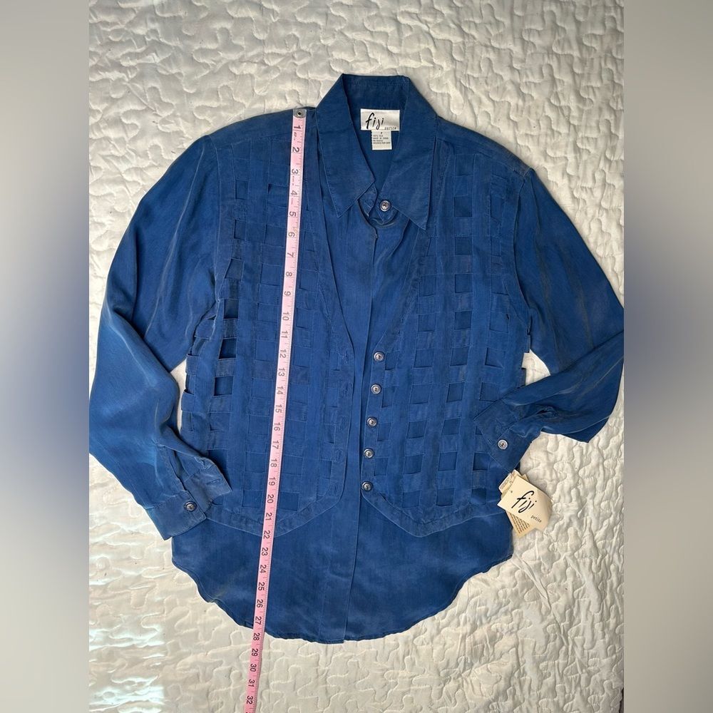 Vintage 90s Fiji Petite Silk Loungewear Set 2-Piece Blue Drawstring Pants S/XS - Picture 9 of 16